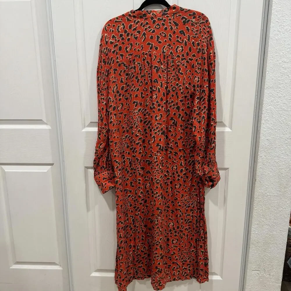Free People Cest Moi Leopard Print Long Maxi Top, Orange Red,‎ Medium, RRP $148
